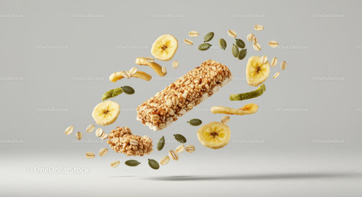 Crispy granola bar with banana chips and seeds floating