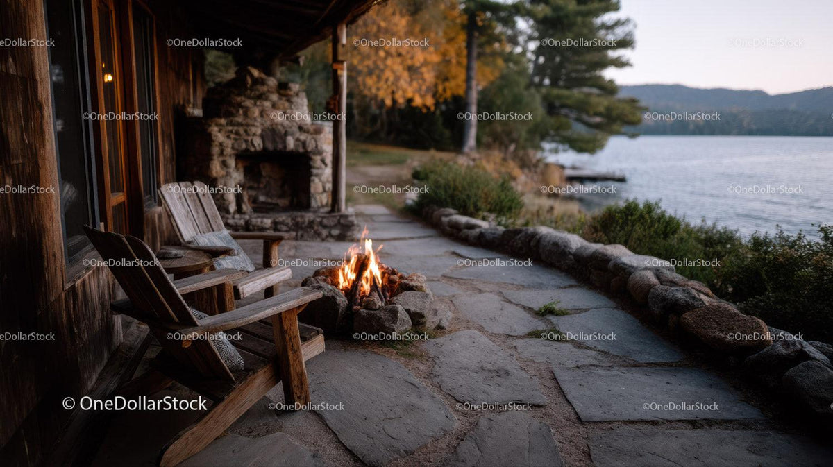 Rustic Lakeside Scene with Firepit and Wooden Chairs at Sunset
