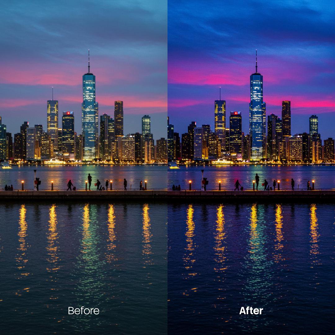 color grading preview with Cinematic Streets Neon LUT Pack