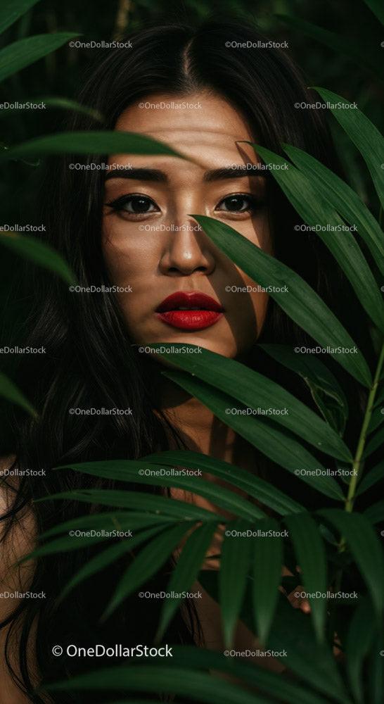 Close-up of Asian Woman with Red Lips Among Green Tropical Leaves