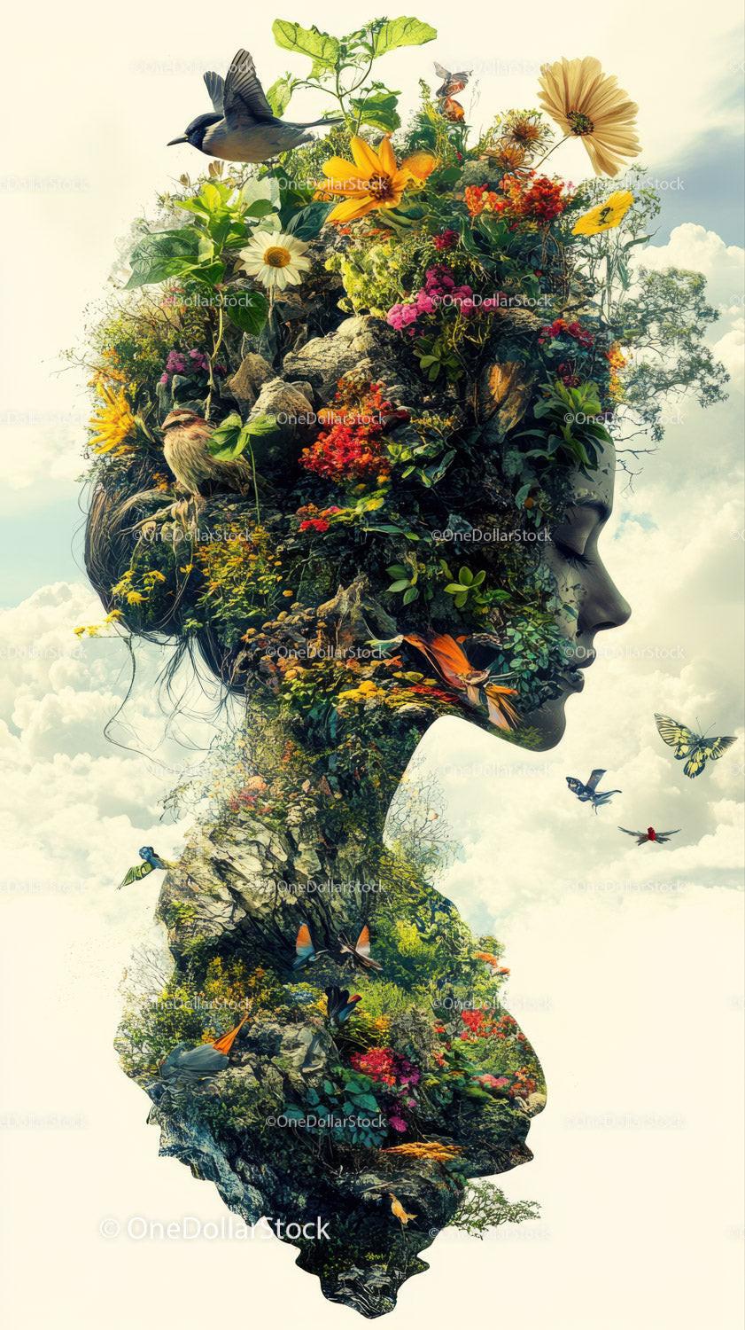 Female profile silhouette formed with flowers, birds, rocks, and plants