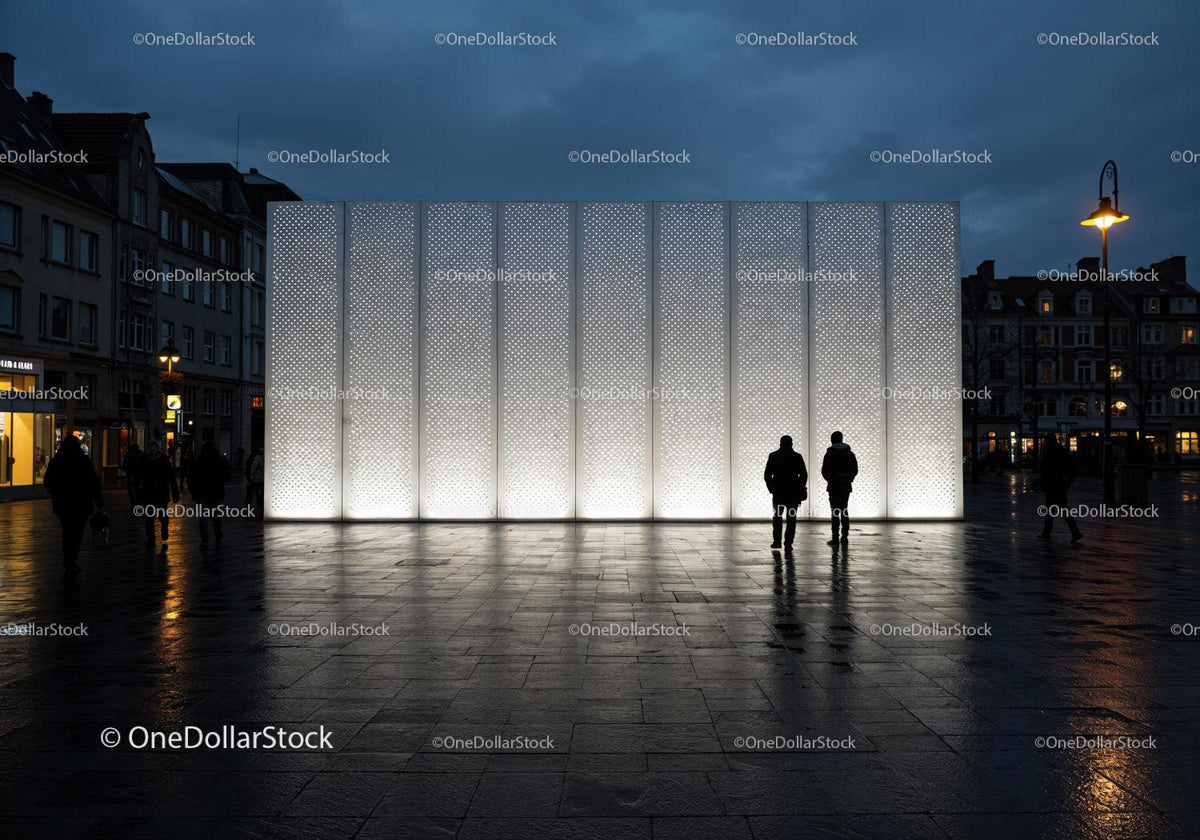 Modern Urban Lighting Wall with Silhouettes in City Night Scene JPG Mockup Image preview