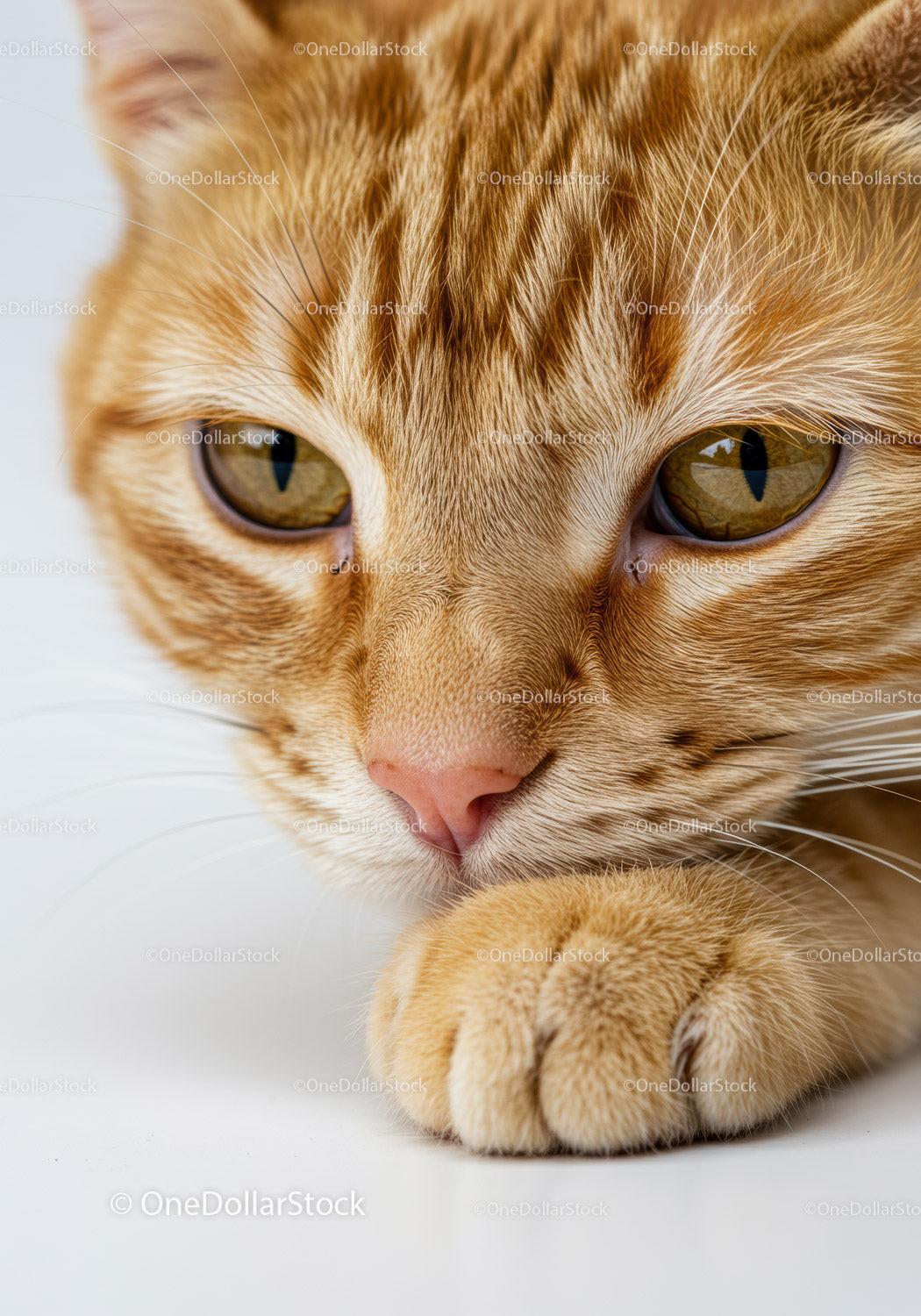 Close up of thoughtful ginger cat resting paw