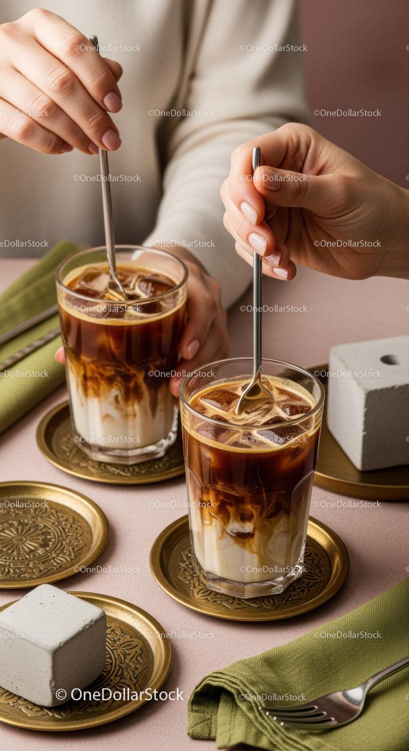 Elegant Iced Coffee Drinks with Creamy Layers and Ice Cubes
