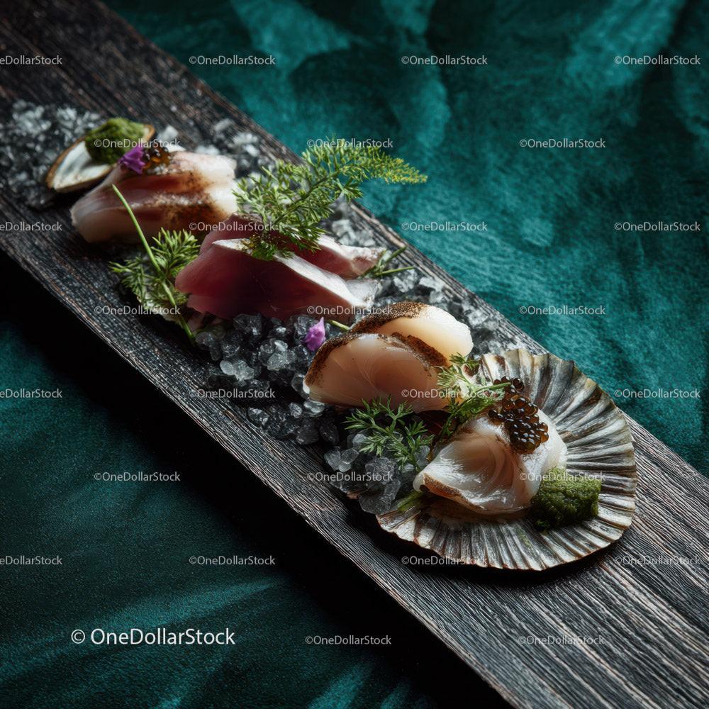 Elegant Sashimi Platter with Fresh Fish and Edible Flowers Stock Photo Bundle preview 10