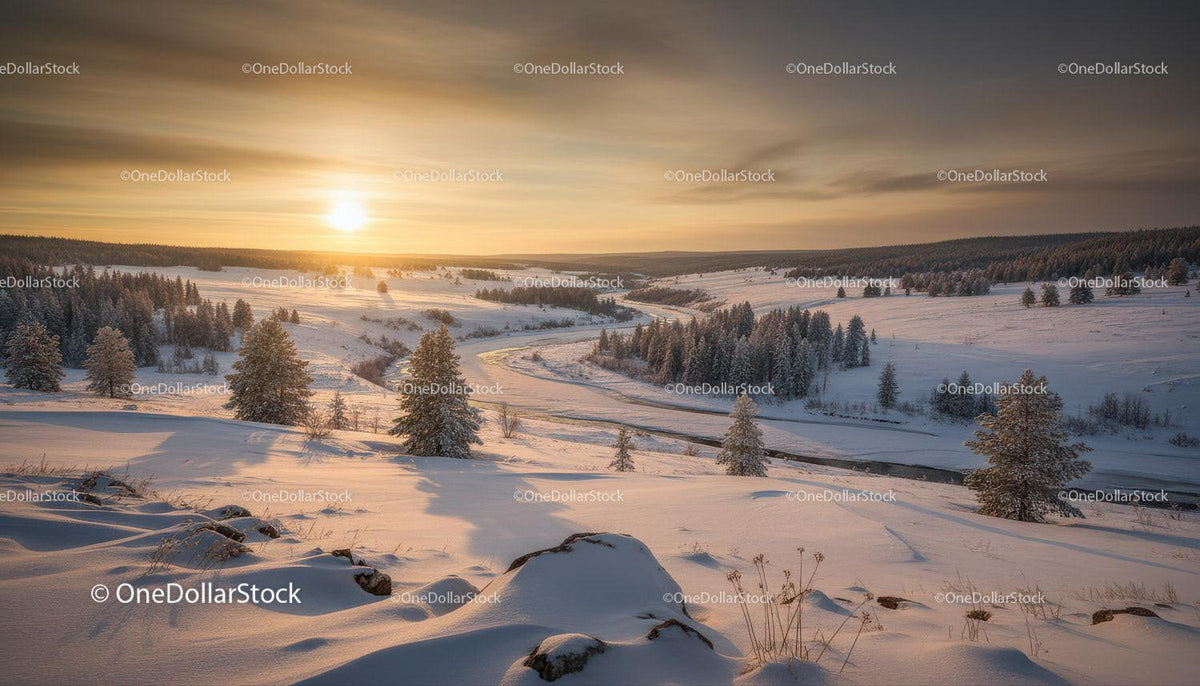 Sunlit Snowy Landscape with Pine Trees and River