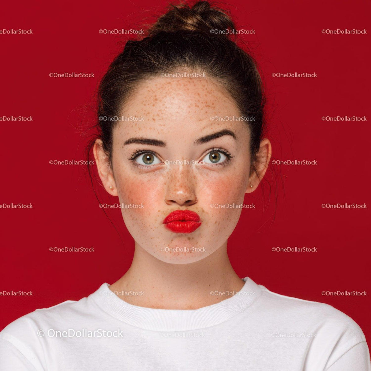 Expressive Woman with Freckles and Red Lips on Red Background