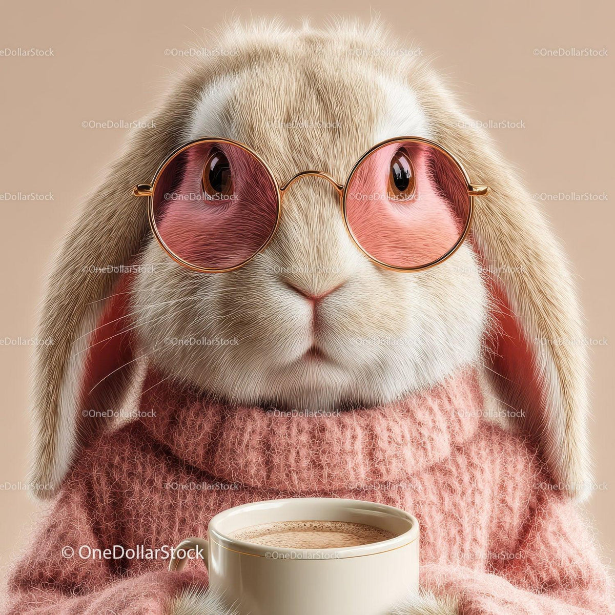 Cute Bunny Wearing Sunglasses and Cozy Pink Sweater Holding Coffee Mug Stock Photo Bundle creative preview 4