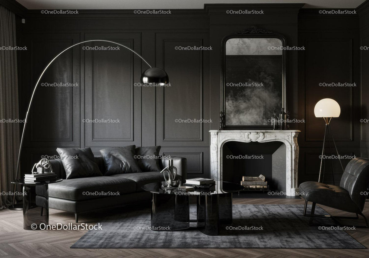 Modern living room with dark sofa and marble fireplace