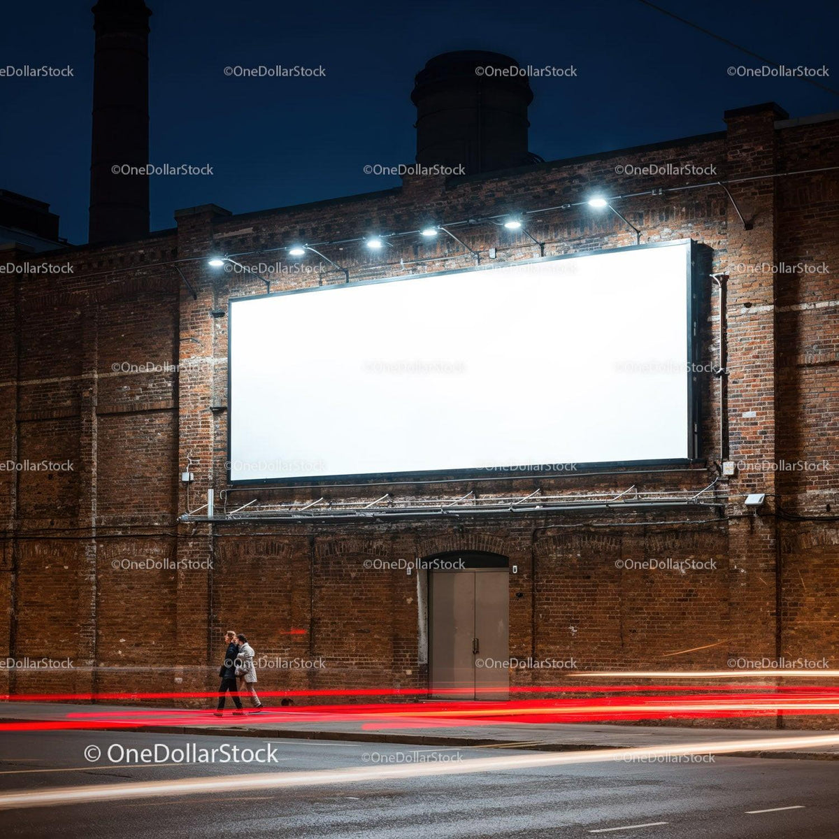 Couple walking by illuminated empty billboard at night JPG Mockup Image preview