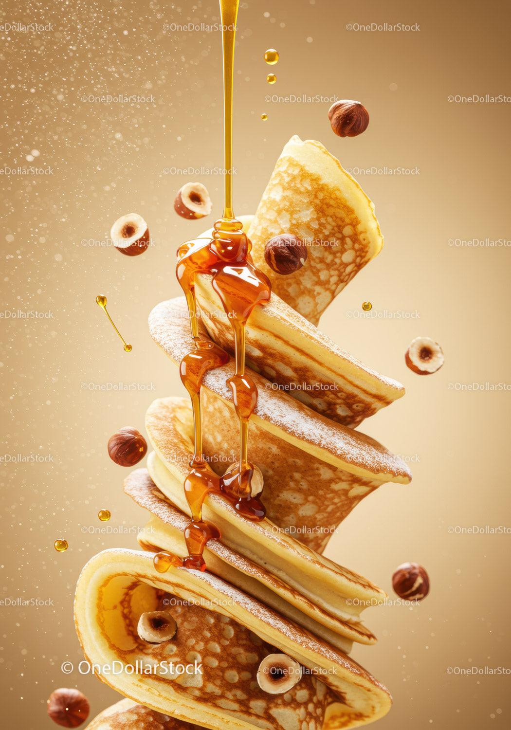 Delicious stack of pancakes with syrup and hazelnuts