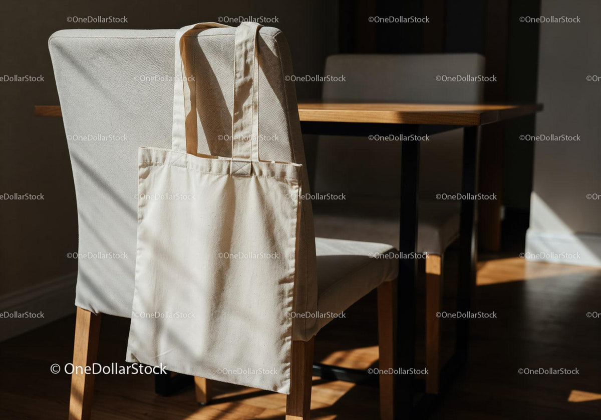 Canvas tote bag hanging on cream dining chair JPG Mockup Image preview