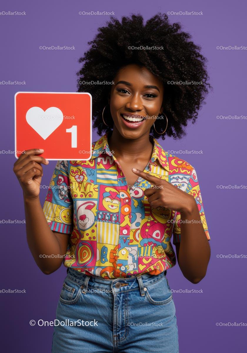 Happy Young Woman Holding Heart Notification Sign Wearing Colorful Outfit