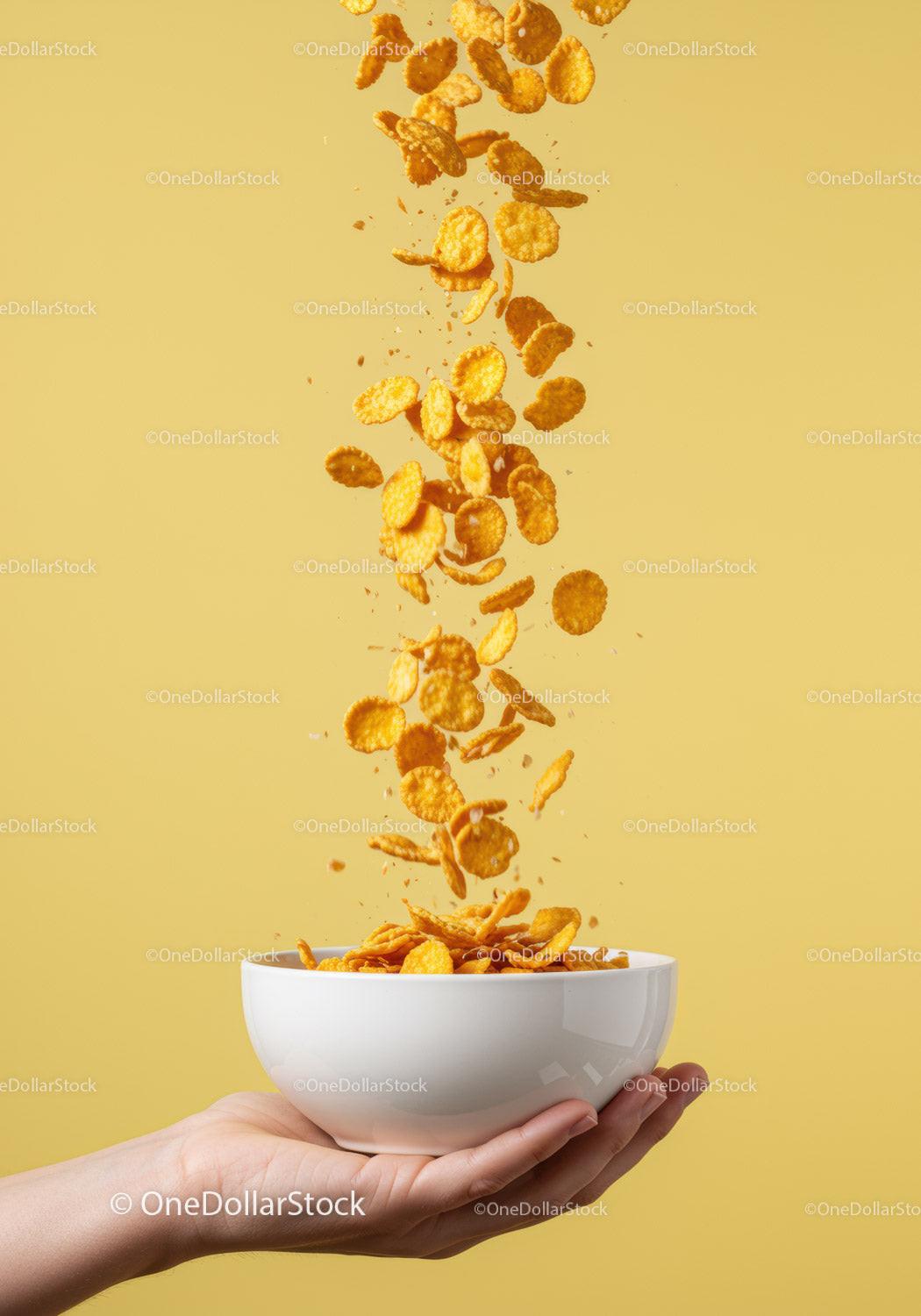 Hand Holding Bowl with Falling Cornflakes On Yellow Background