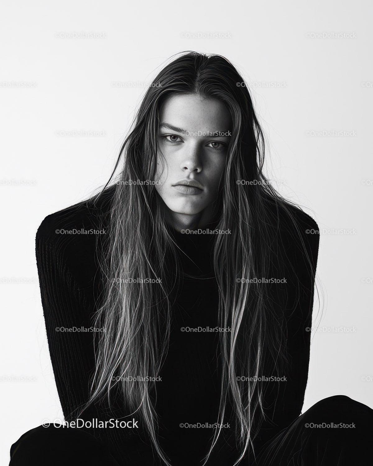 Moody Black and White Portrait of Young Woman with Long Hair