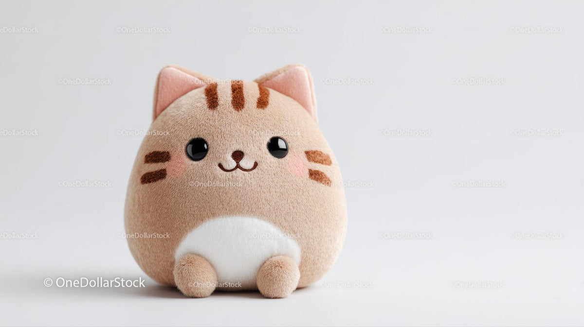 Round plush cat toy with brown stripes and white belly on white surface