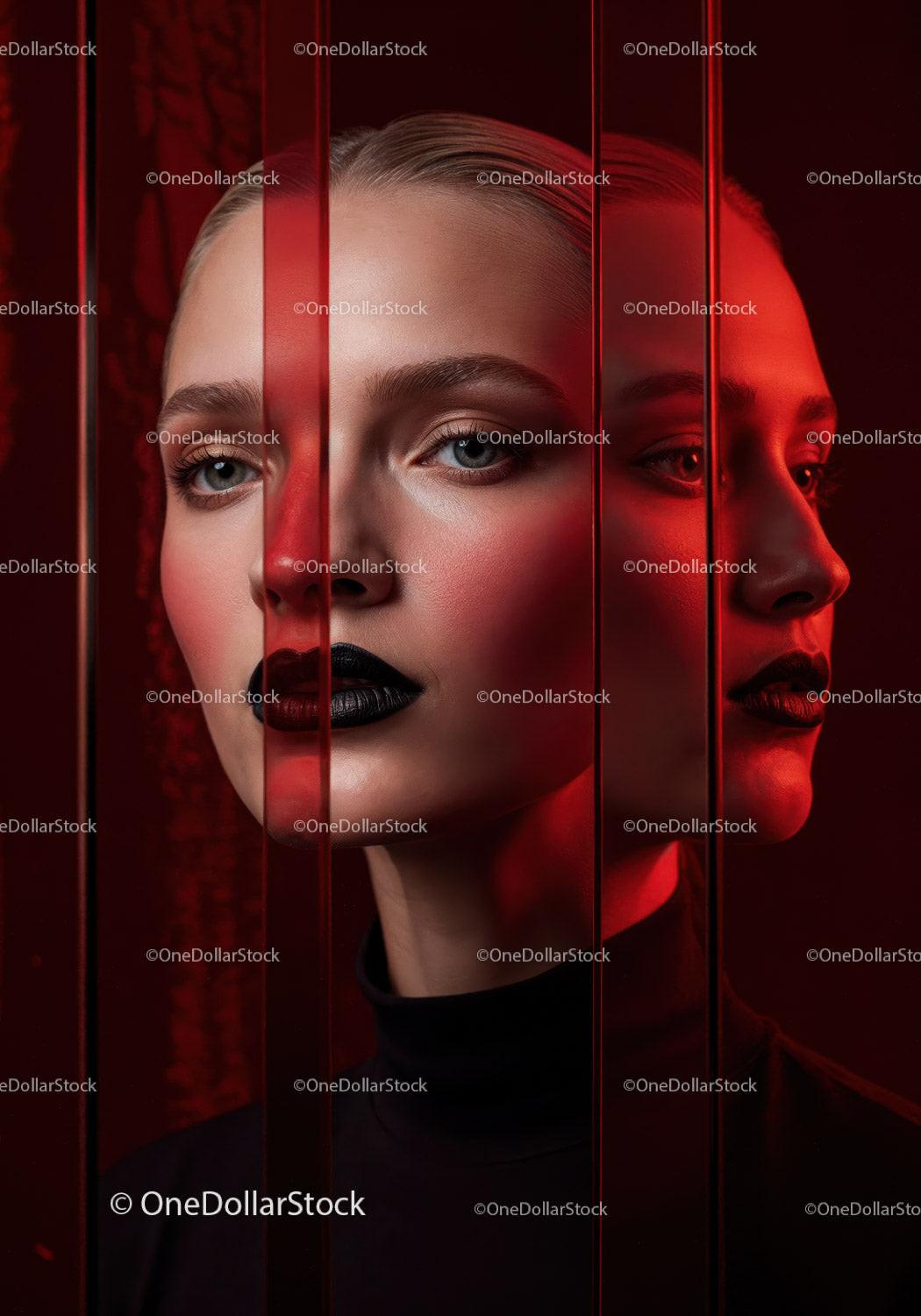 Futuristic Female Portrait with Red Lighting and Dark Makeup Stock Photo Bundle preview 7