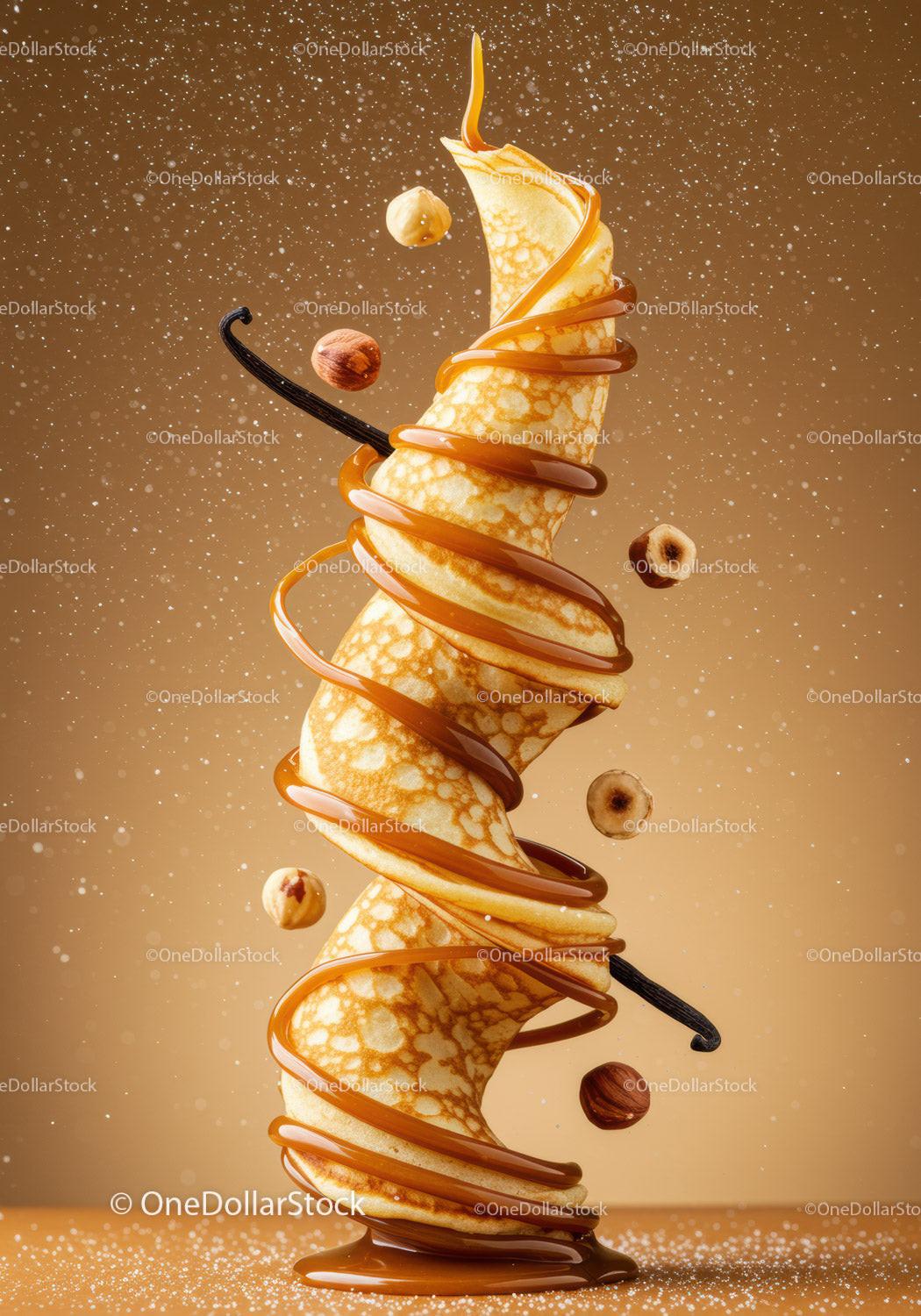 Spiral crepe with caramel sauce and floating hazelnuts