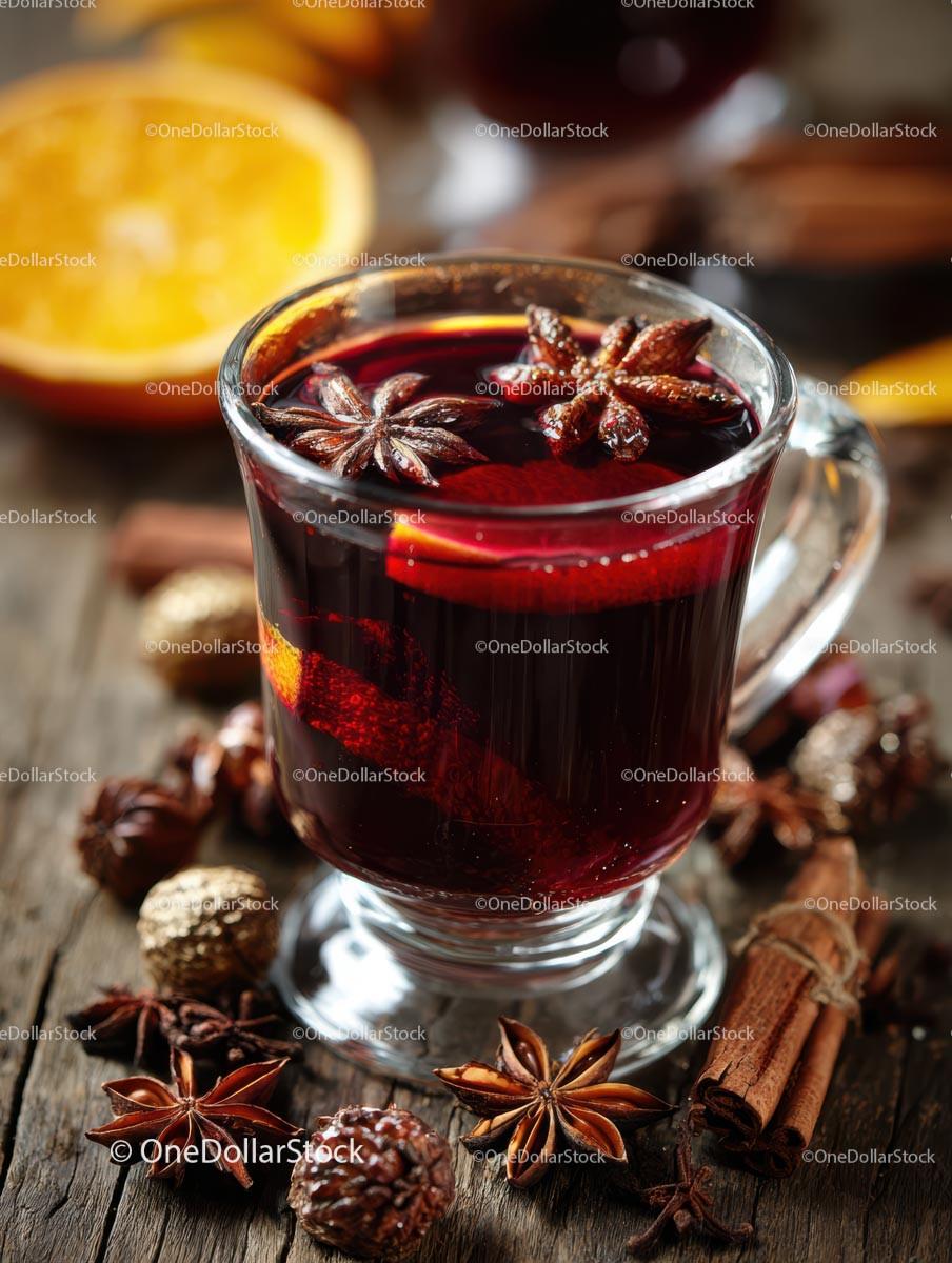 Delicious Mulled Wine with Citrus and Spices in a Glass Mug Stock Photo Bundle preview 12