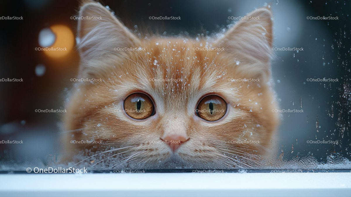 Orange cat with amber eyes looking through a frosty window with ice crystals