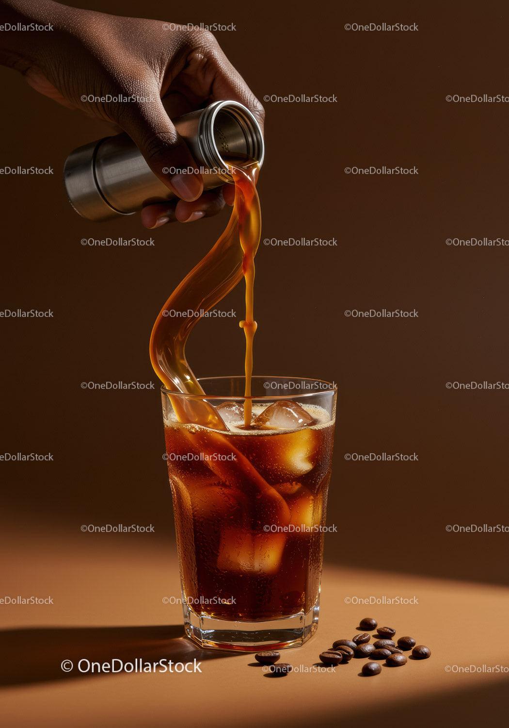 Pouring cold brew coffee over ice in clear glass