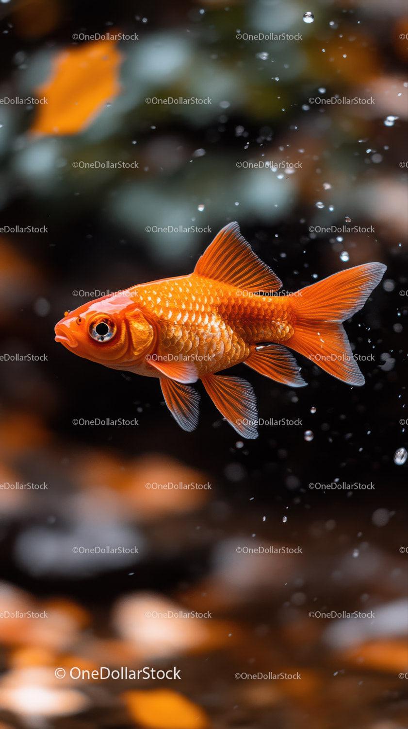 Orange goldfish swimming underwater surrounded by air bubbles with blurred background