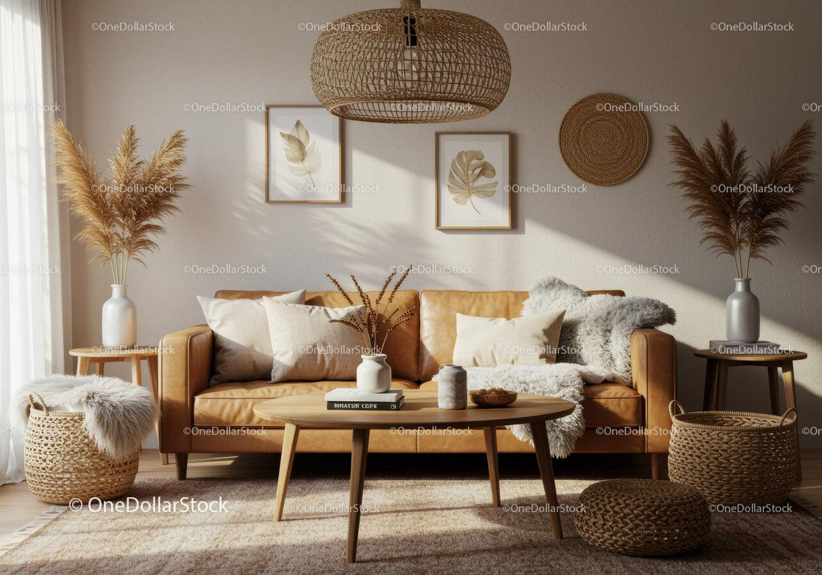 Cozy living room with natural textures and warm tones