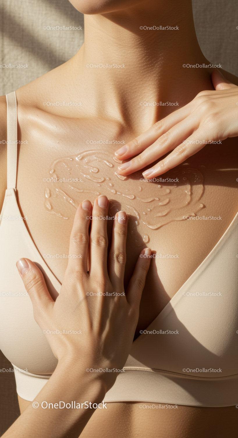 Close-Up of Woman Applying Moisturizing Lotion on Neck and Shoulder