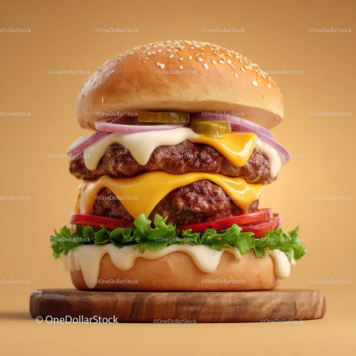 Gourmet Cheeseburger with Cheese Lettuce Tomato Red Onions Stock Photo Bundle preview 16