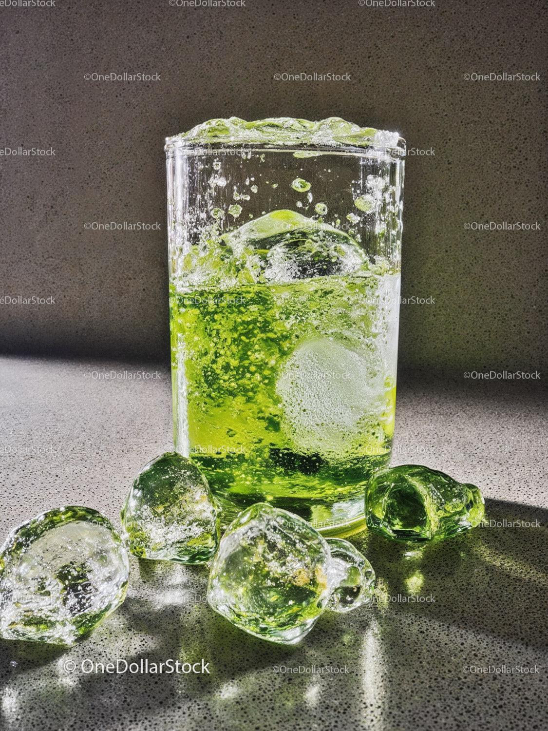 Refreshing Green Drink with Ice Cubes in Glass