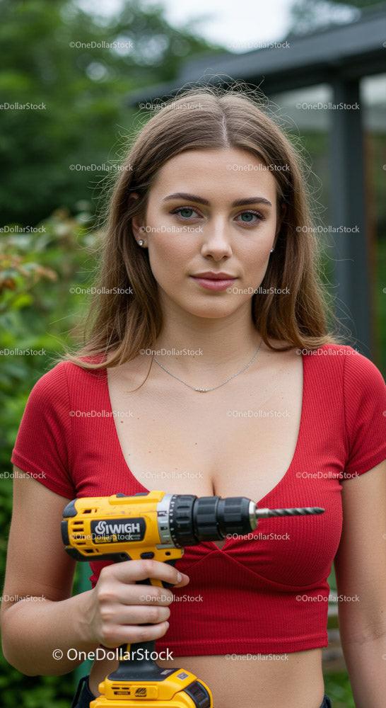 stock photo bundle made with Young Woman Holding Power Drill in Garden Setting Stock Photo Bundle