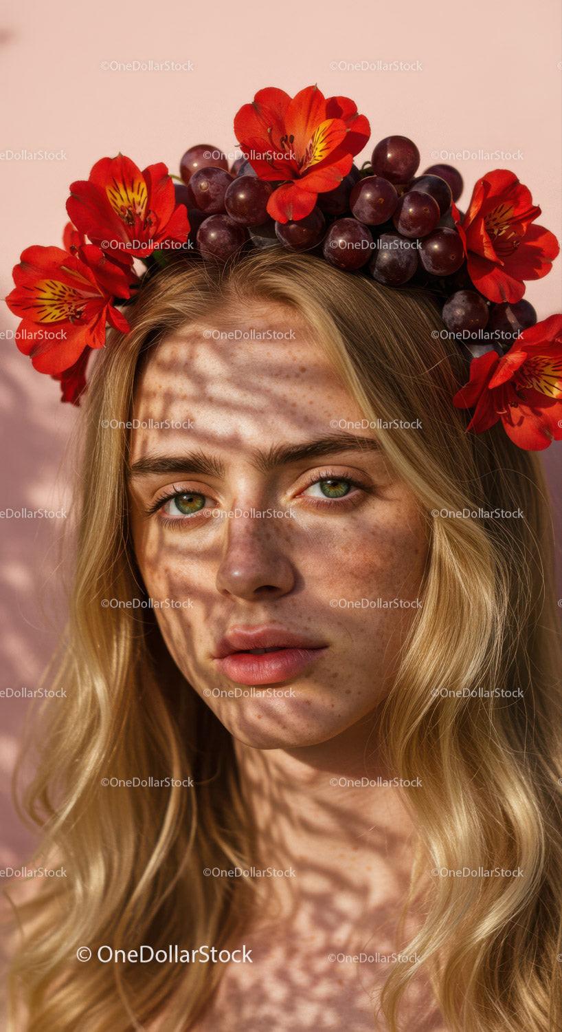 Man Wearing Floral Crown with Red Alstroemeria and Grape Flowers Stock Photo Bundle preview 12