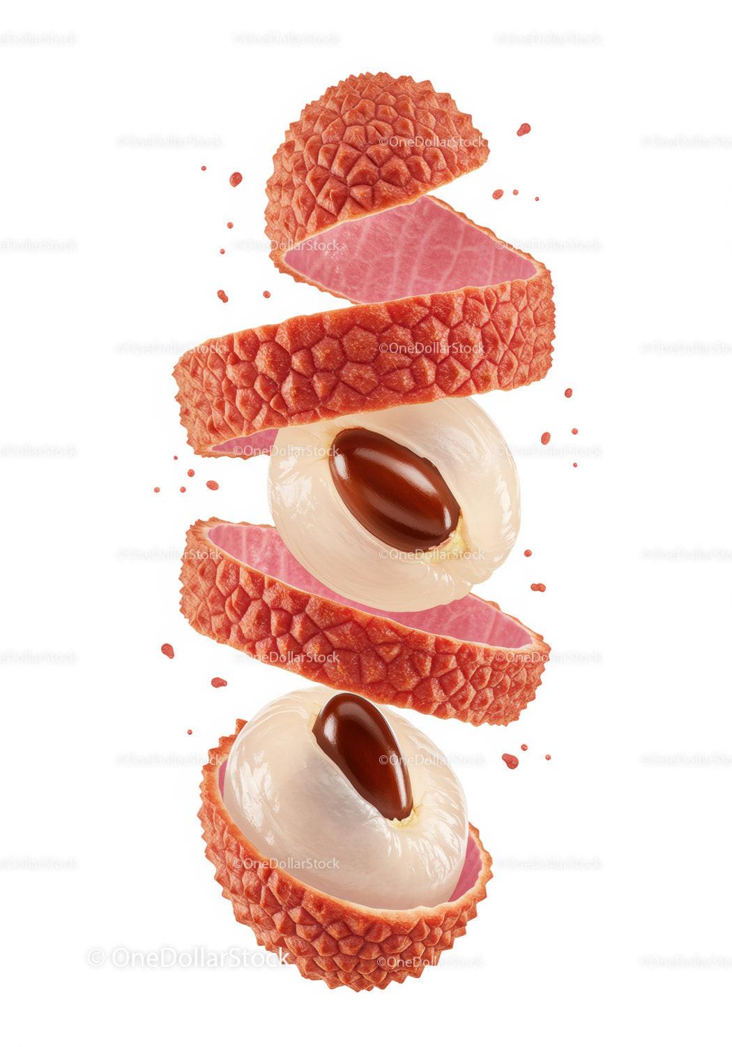 Fresh lychee fruit peeling with exposed seeds isolated