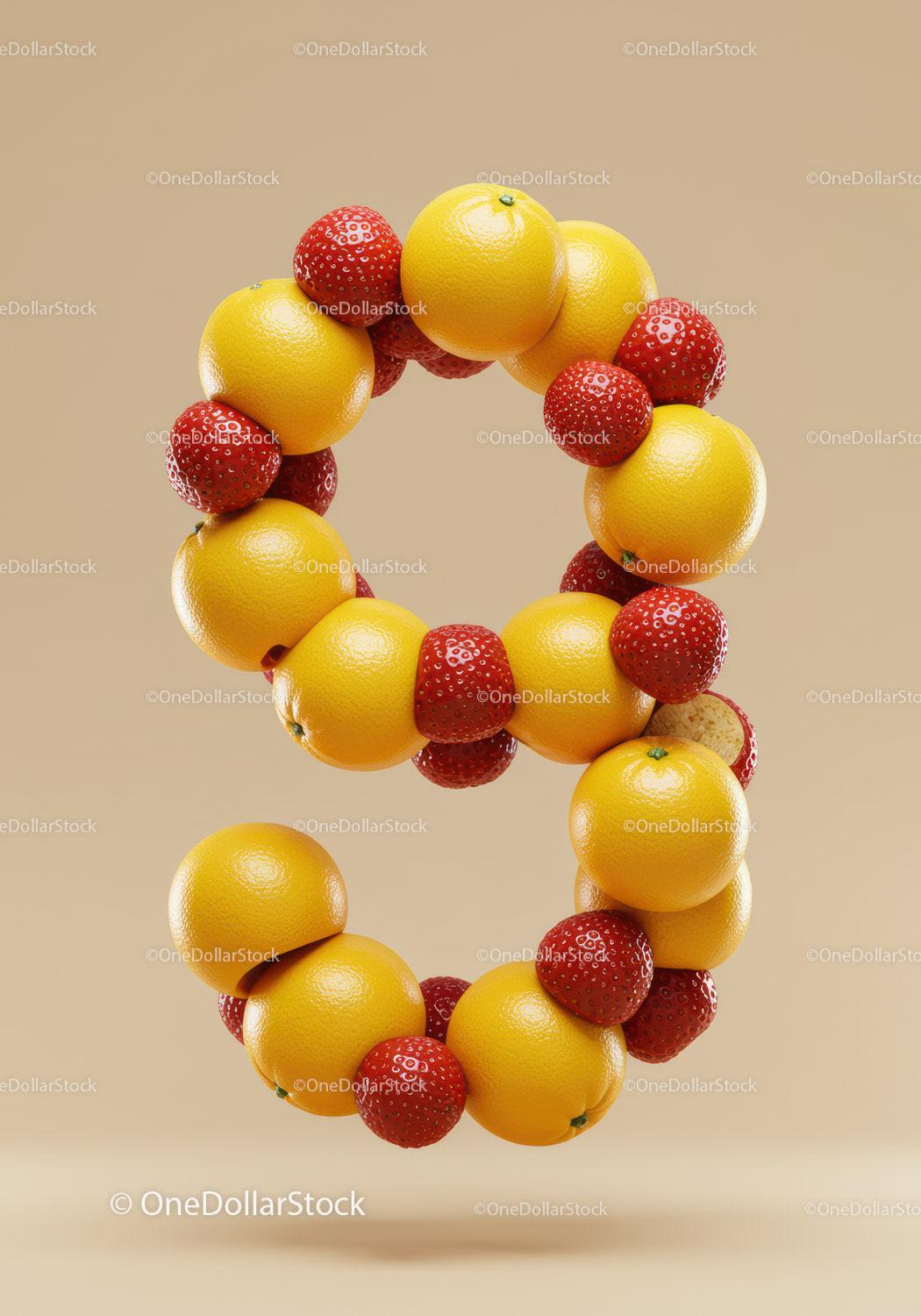Number Nine Formed by Floating Oranges and Strawberries