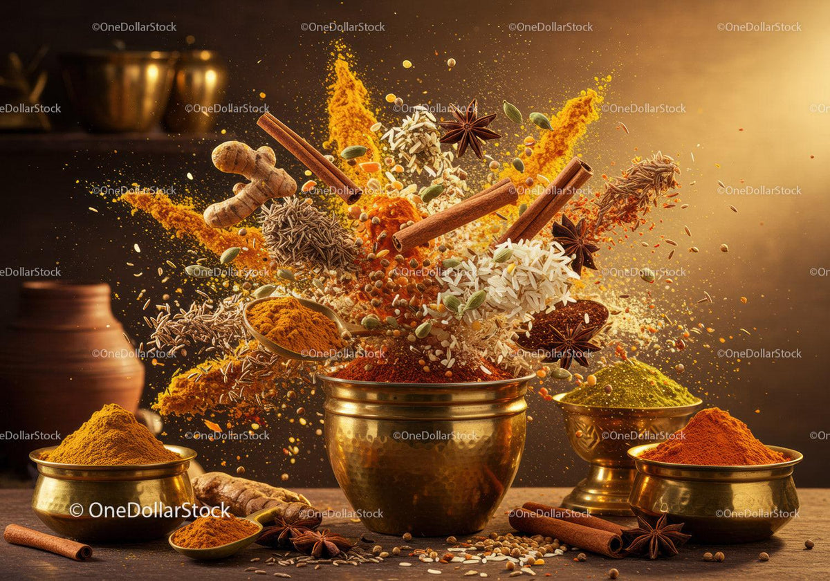 Assortment of vibrant spices exploding in brass bowls