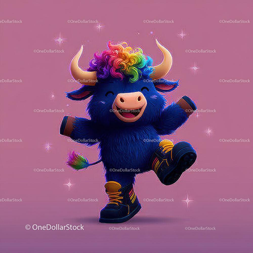 Fluffy blue bull with rainbow hair and sneakers dancing on pink background