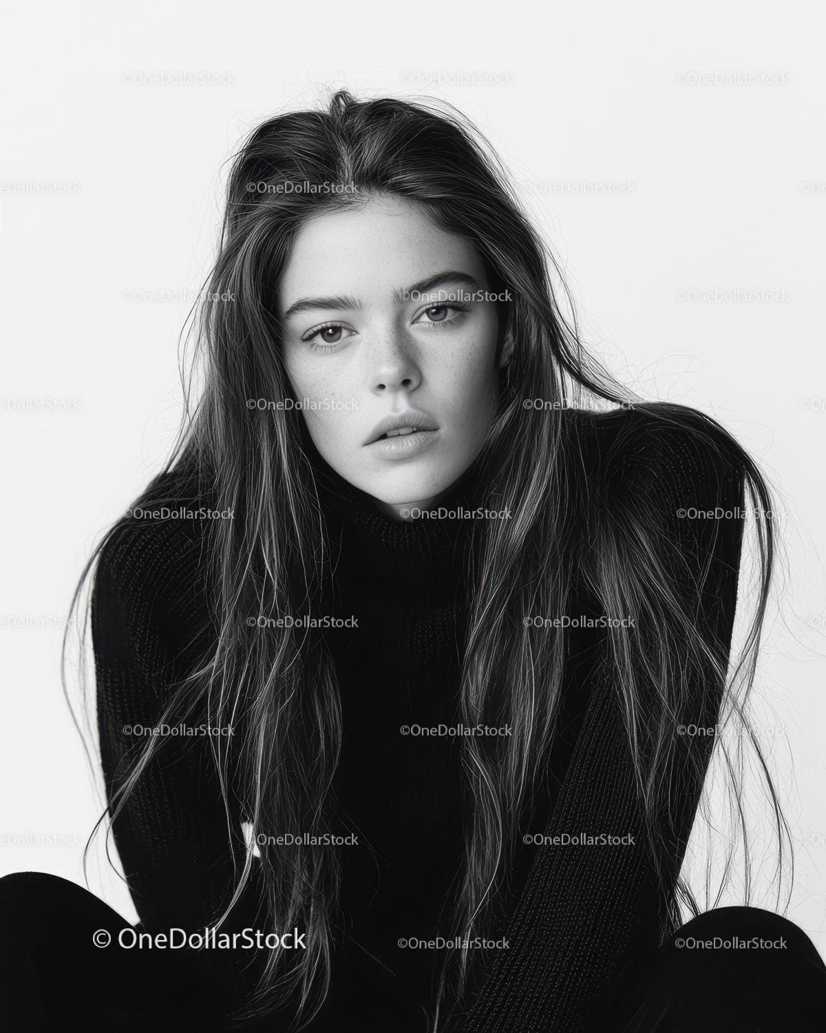 Elegant Black and White Portrait of Young Woman with Wavy Hair