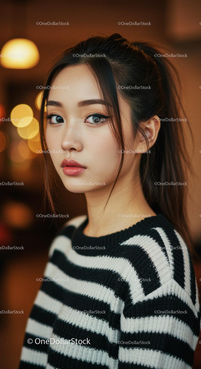 Portrait of a Young Woman with Stylish Makeup and Striped Sweater