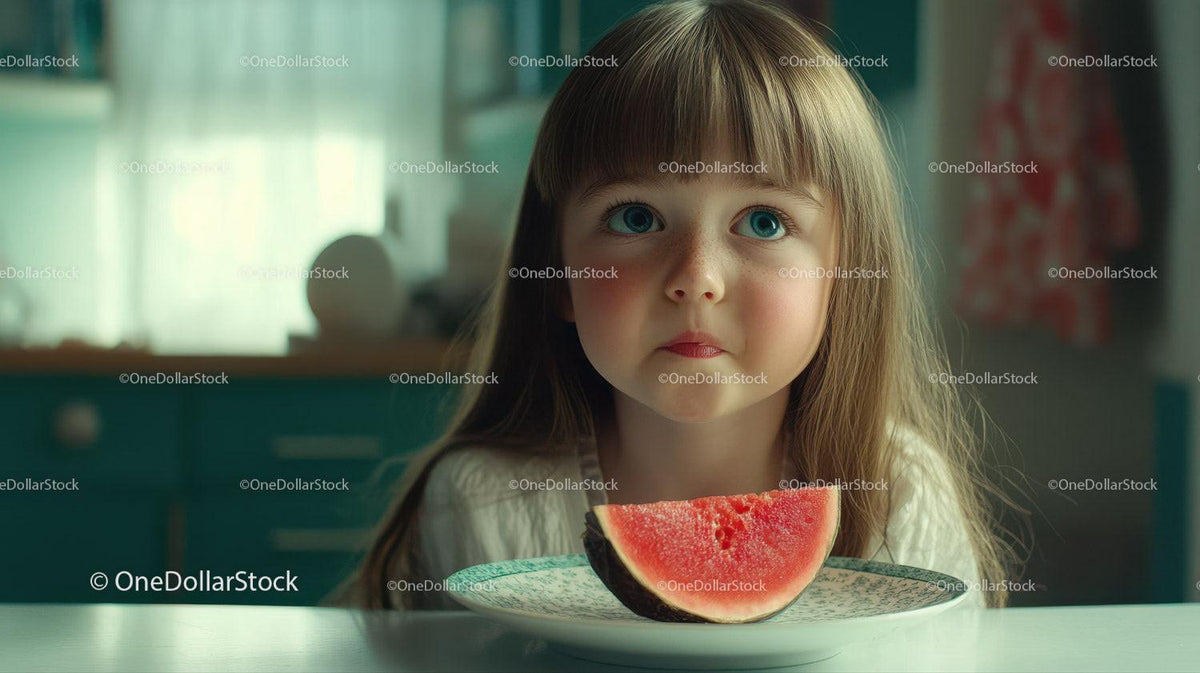 Young blonde girl with blue eyes sitting at table with watermelon slice on plate