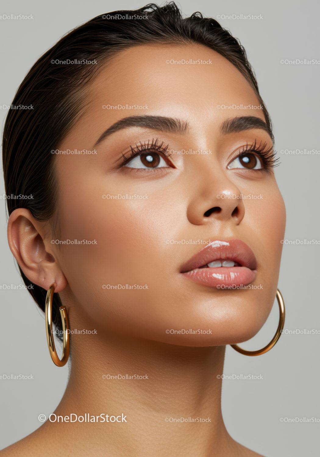 Close-up of Beautiful Woman with Flawless Skin and Gold Earrings