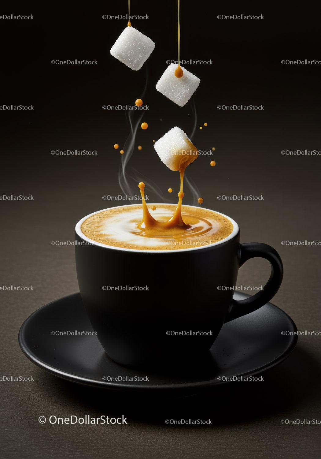 Closeup of sugar cubes falling into steaming coffee cup