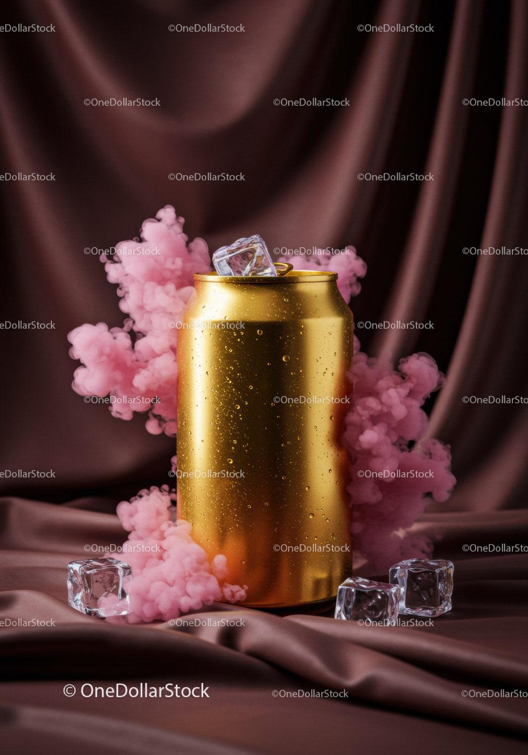 Golden drink can with ice cubes and pink smoke
