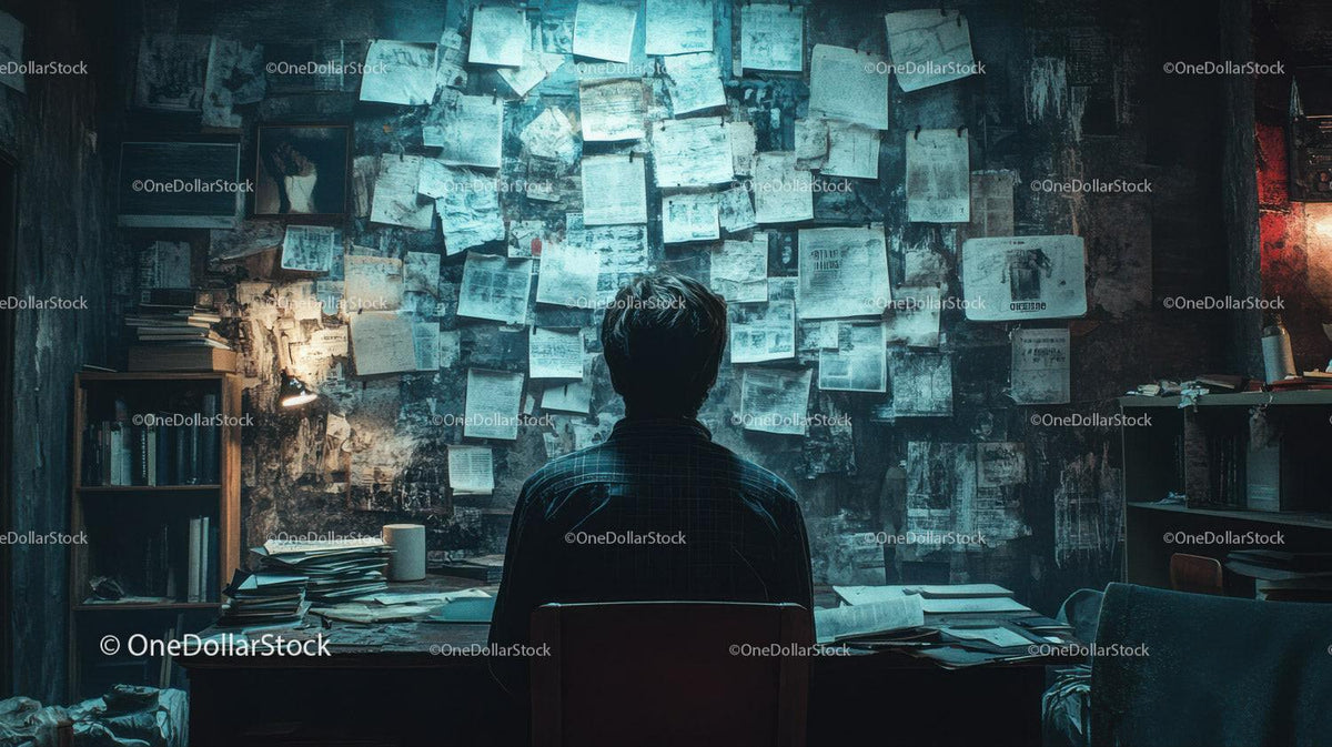 Person sitting facing a wall covered with many pinned papers in dimly lit cluttered room