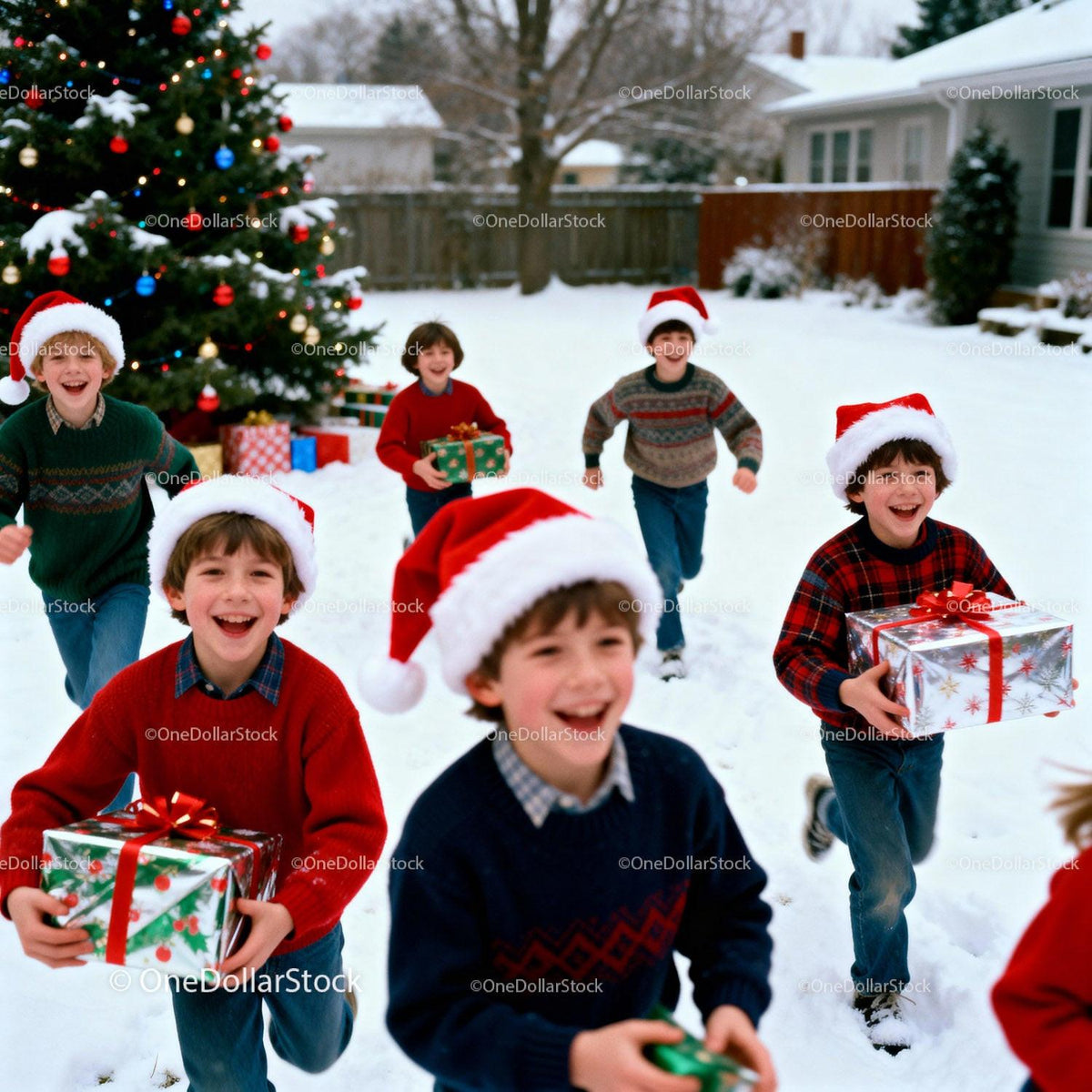 Children Running Joyfully with Christmas Gifts in Snowy Yard