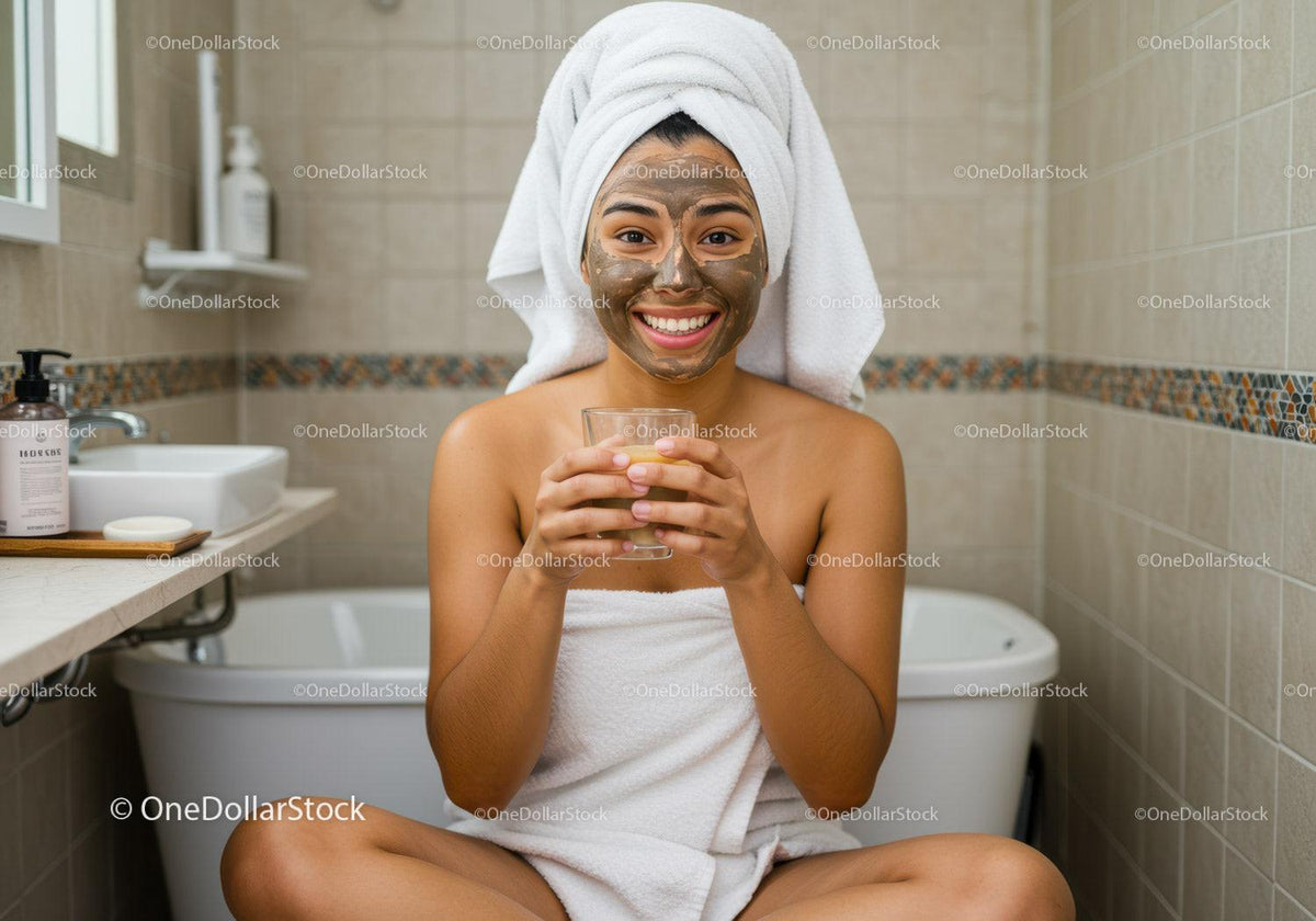 Happy Woman with Facial Mud Mask Relaxing in Bathroom