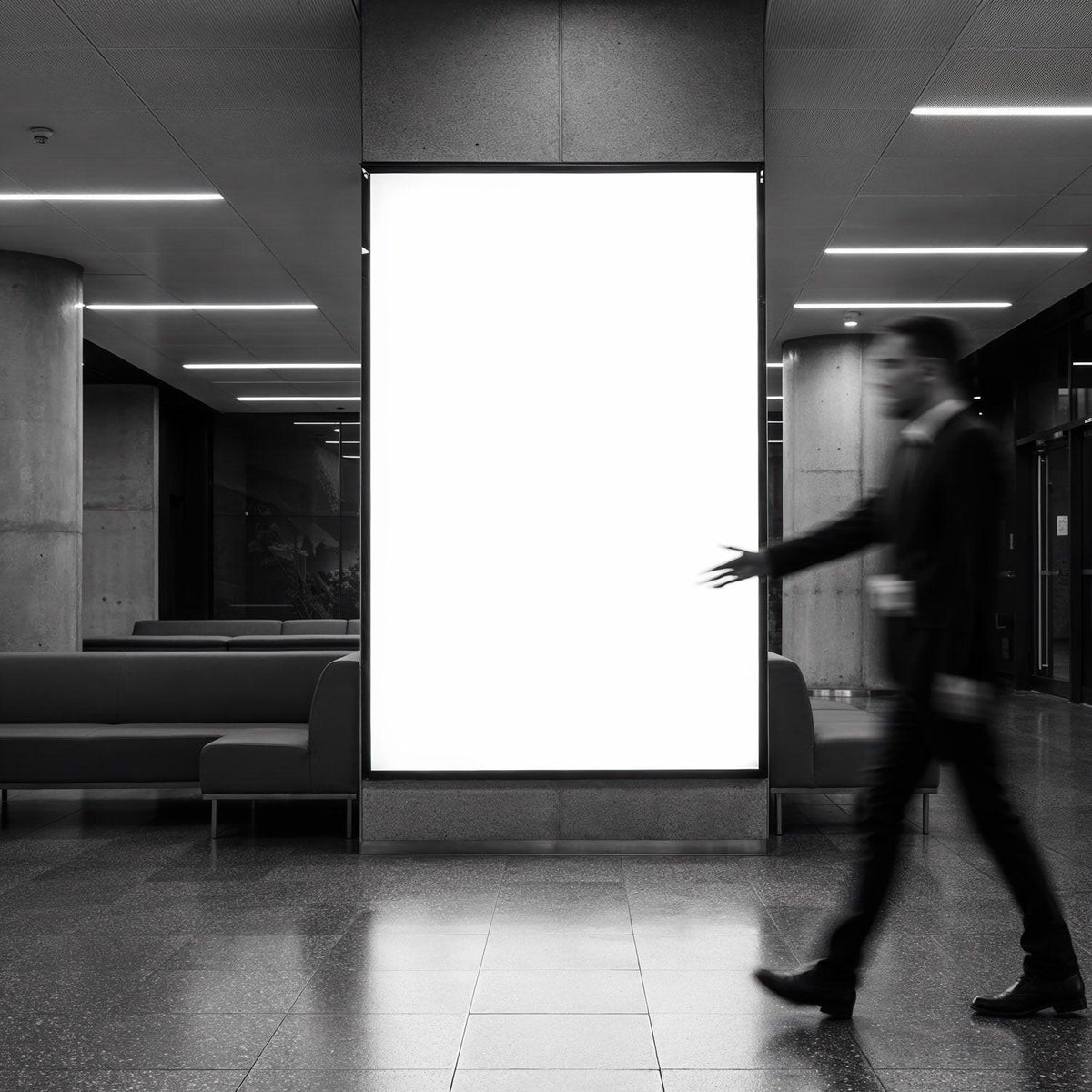 Blurred businessman walking past illuminated blank billboard JPG Mockup Image preview
