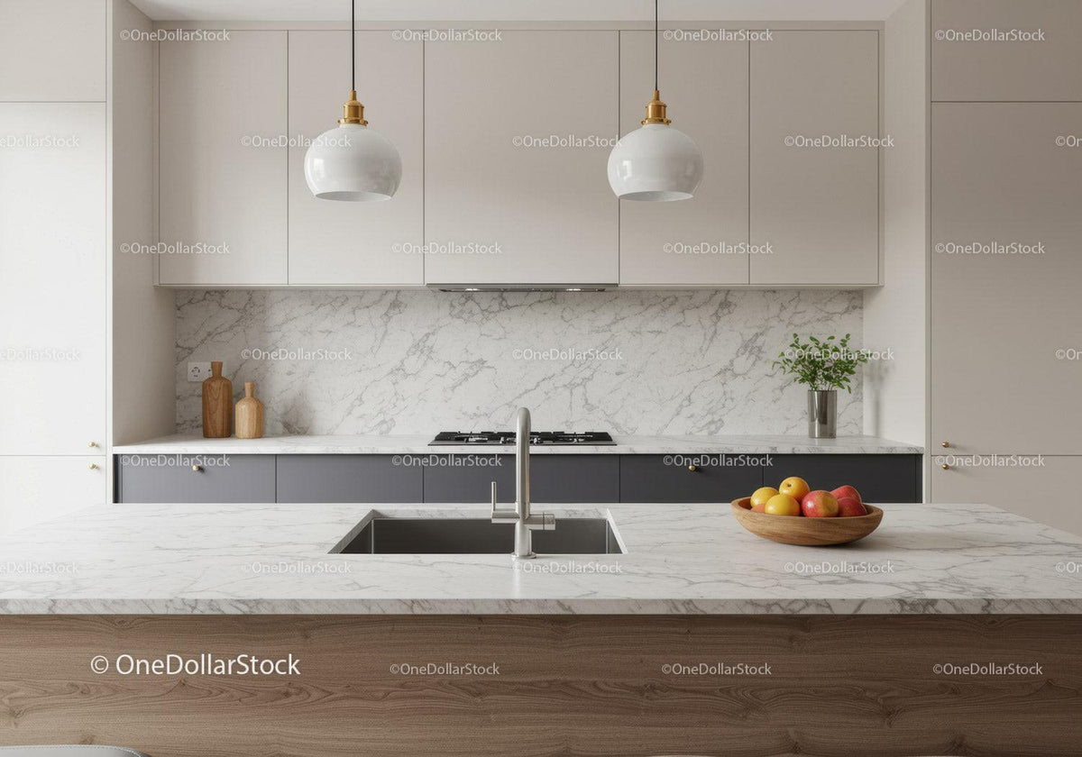 Contemporary Kitchen with Marble Backsplash and Gray Cabinets