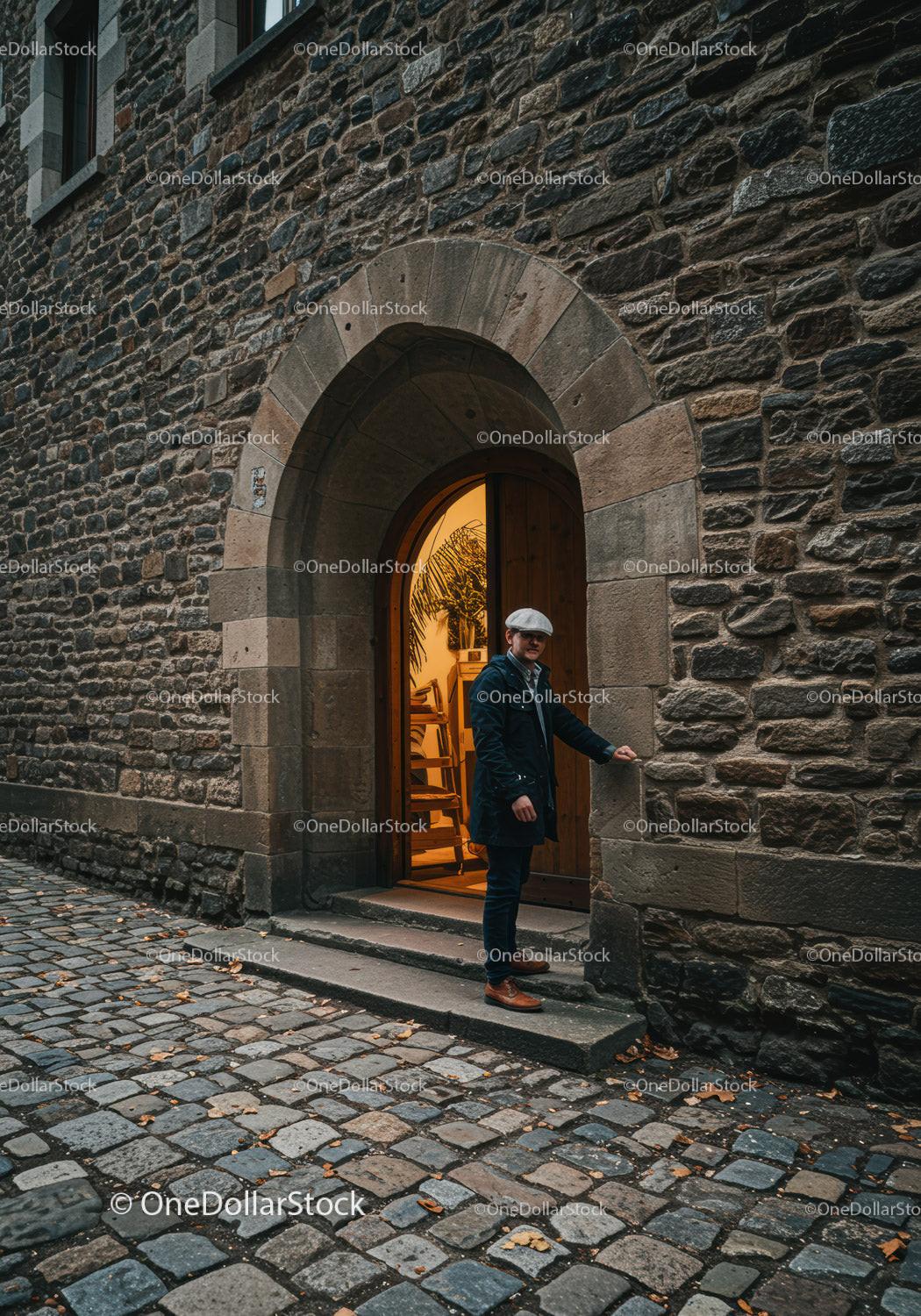 Man stepping out of stone arch doorway on cobblestone street