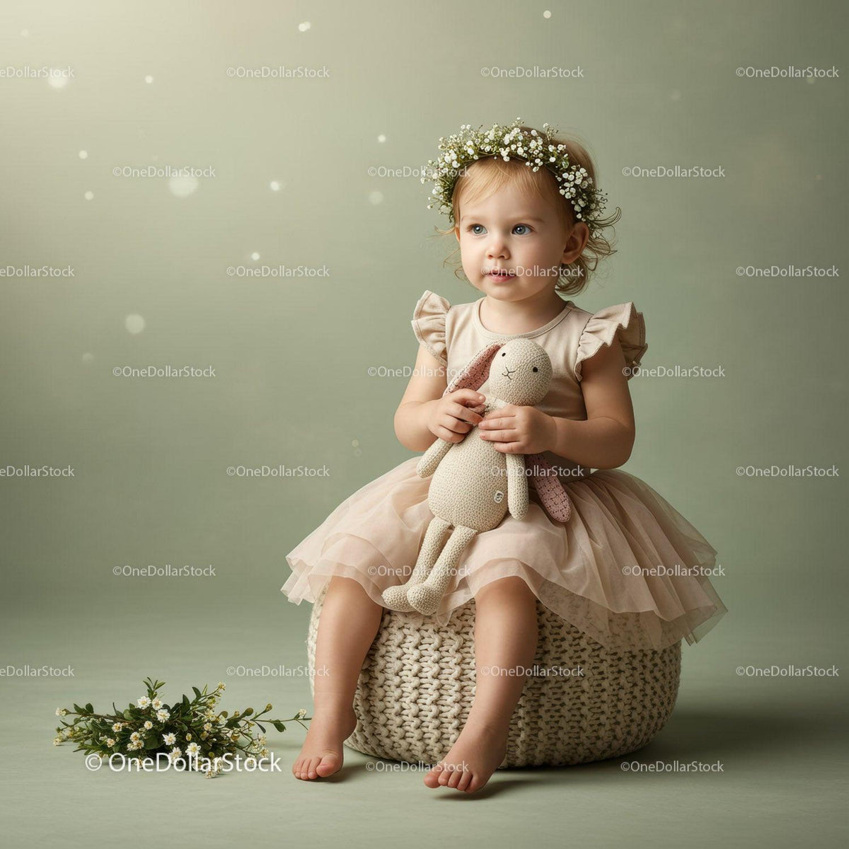 Toddler girl in floral crown holding knitted bunny
