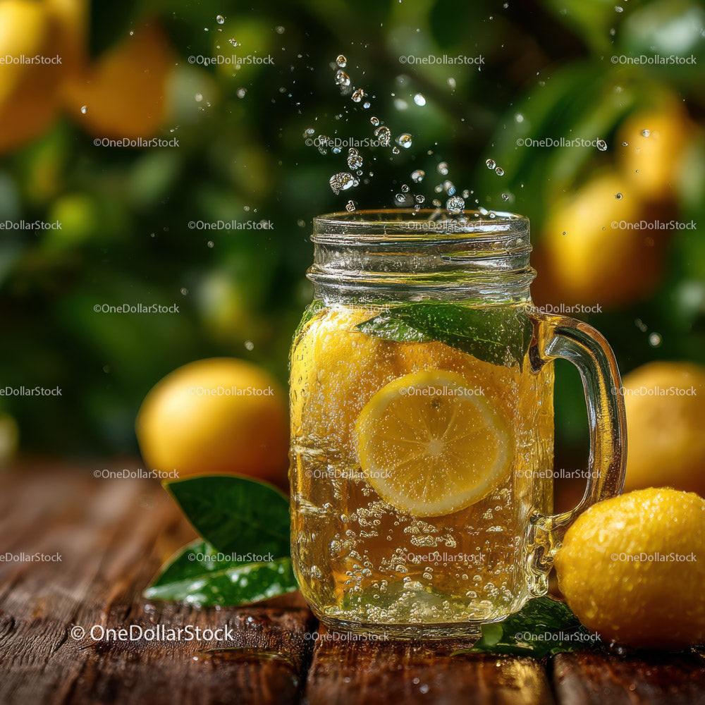 Fresh Lemonade with Sliced Lemons in a Glass Pitcher on Rustic Wooden Surface Stock Photo Bundle preview 16